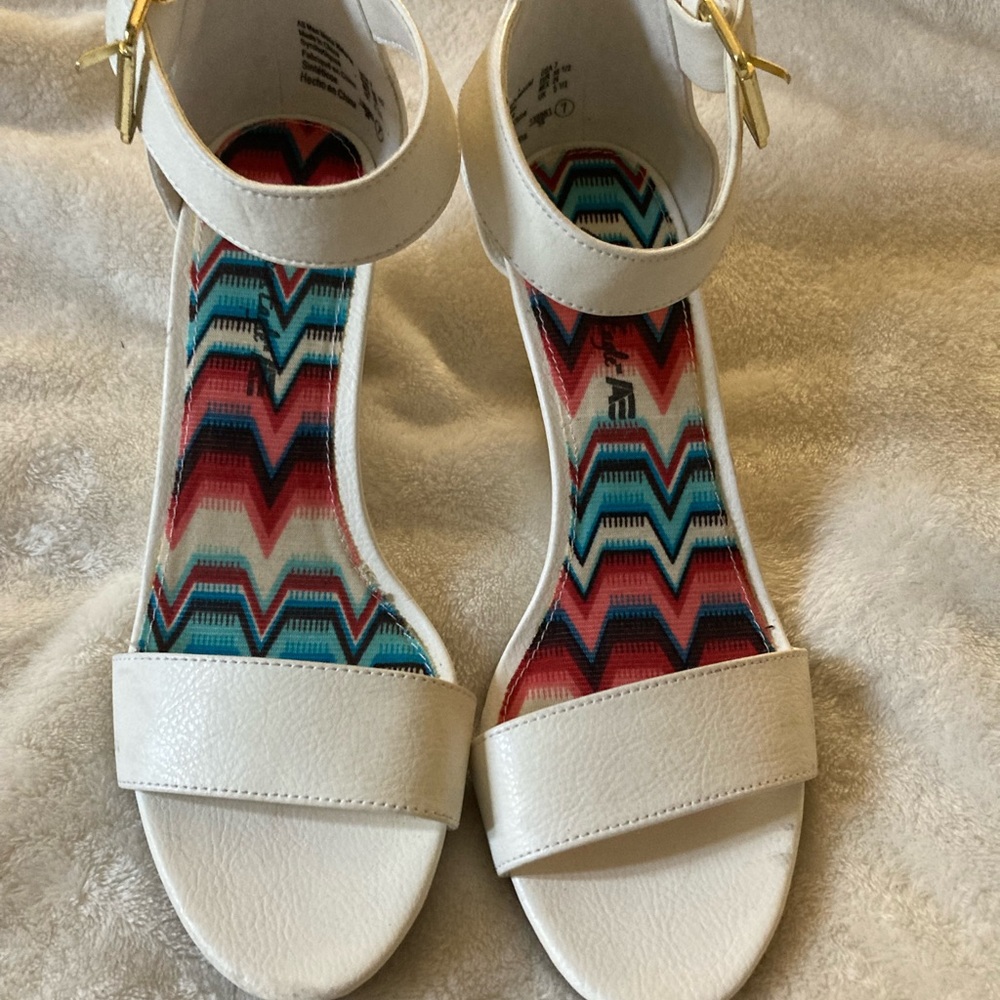 White ankle strap wedges